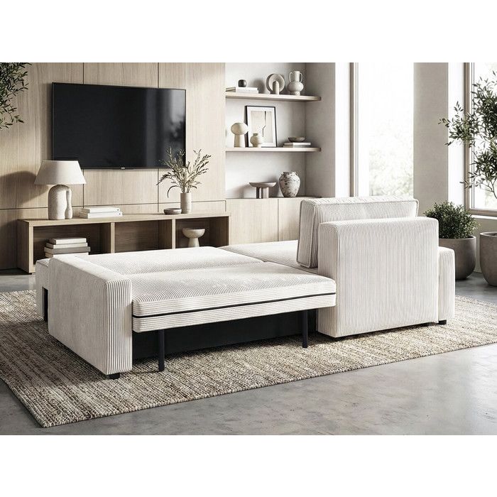 Canapé d'angle convertible en velours côtelé "Montaigne" - 3 places  - Beige 282 x 153 x 93 cm, Beige. - Vue supplémentaire 3