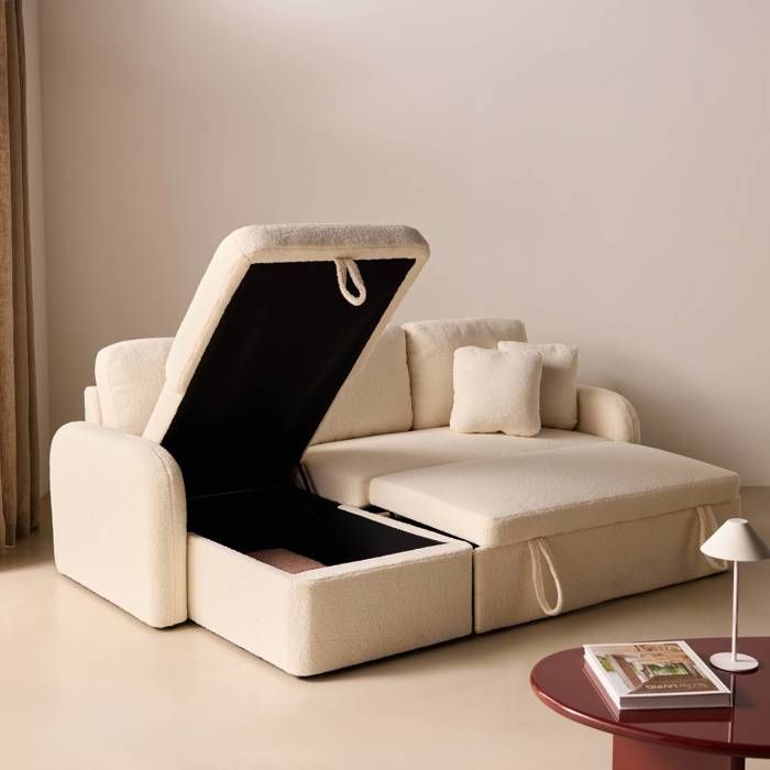 Canapé d'angle convertible en tissu bouclettes blanches - Milano - 3 places. fauteuil d'angle réversible coffre rangement lit - Vue supplémentaire 2