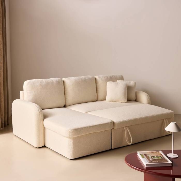 Canapé d'angle convertible en tissu bouclettes blanches - Milano - 3 places. fauteuil d'angle réversible coffre rangement lit - Vue supplémentaire 3