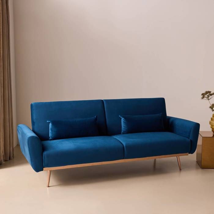 Canapé convertible design en velours - Oskar - 2 - 3 places scandinave droit avec pieds fins or rose - Vue supplémentaire 2