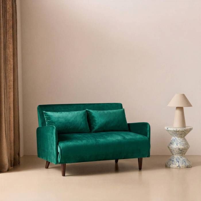 Produit similaire: Canapé convertible en velours - Panam - 2 places scandinave. pieds bois foncé. vert. banquette. dossier inclinable