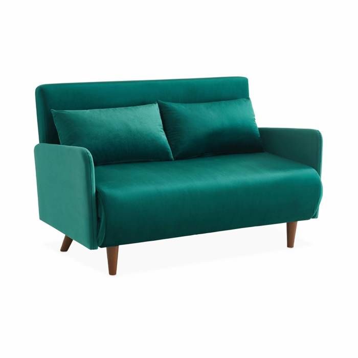 Canapé convertible en velours - Panam - 2 places scandinave. pieds bois foncé. vert. banquette. dossier inclinable - Vue supplémentaire 1