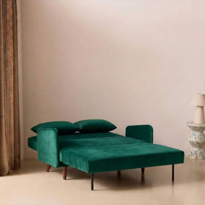 Canapé convertible en velours - Panam - 2 places scandinave. pieds bois foncé. vert. banquette. dossier inclinable - Vue supplémentaire 2