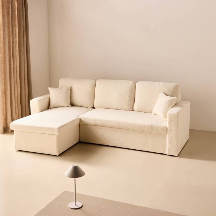 Produit similaire: Canapé d'angle convertible en tissu bouclettes blanches - IDA - 3 places. fauteuil d'angle réversible coffre rangement lit modulable