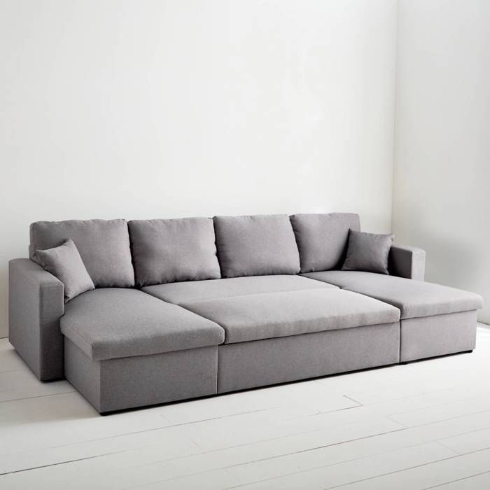 Canapé panoramique convertible en tissu gris clair. 4 places. coffre rangement. lit modulable - Vue supplémentaire 2