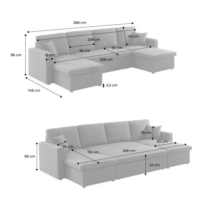 Canapé panoramique convertible en tissu gris clair. 4 places. coffre rangement. lit modulable - Vue supplémentaire 3