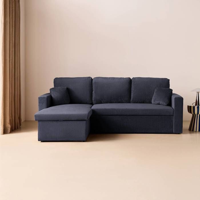 Produit similaire: Canapé d'angle convertible en velours côtelé bleu - IDA - 3 places. fauteuil d'angle réversible coffre rangement lit modulable