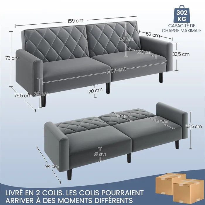 Yaheetech Canapé-lit Housse Convertible avec Dossier réglable Fonction de Couchage Canapé d'angle 3 Places en Velours Gris - Vue supplémentaire 3
