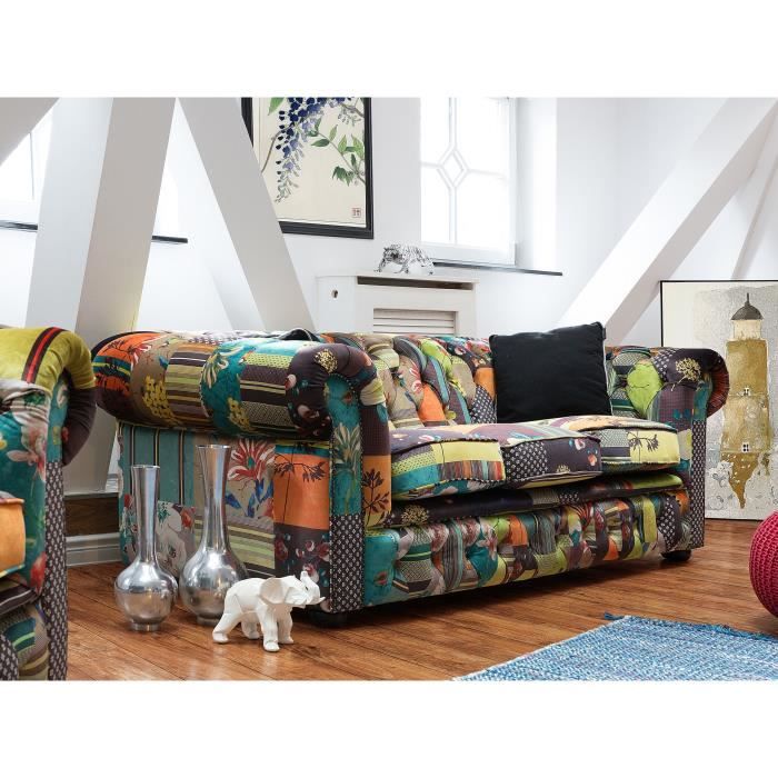 Canapé patchwork en tissu jaune BELIANI CHESTERFIELD - 3 places - Relaxation - Confort moelleux