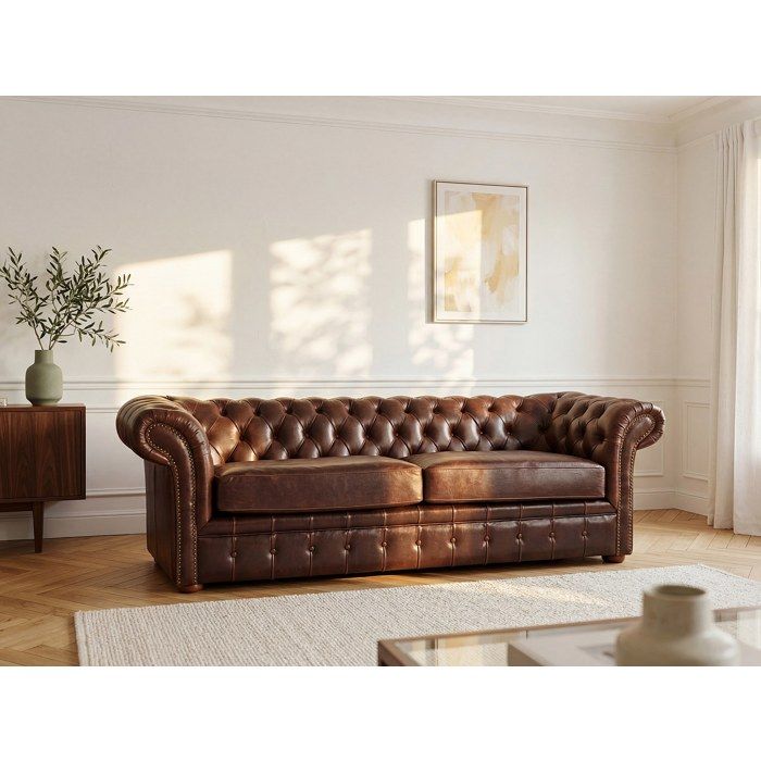 Canapé 3 places chesterfield CLOTAIRE en cuir vieilli - Marron - Fixe - 90 cm - 59 cm - Moelleux