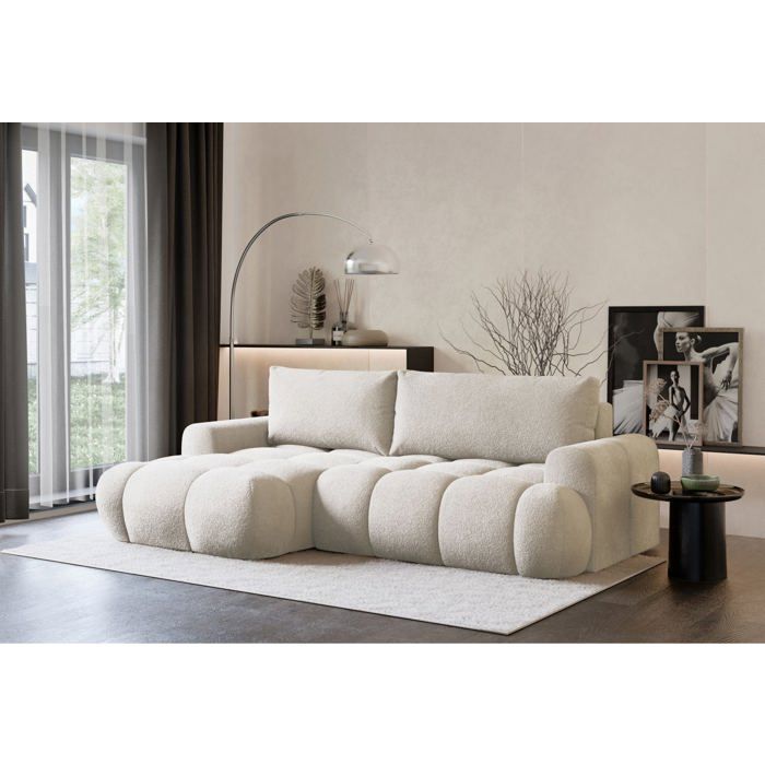 Canapé d'angle convertible - OMBO MINI - en peluche crème - côté gauche