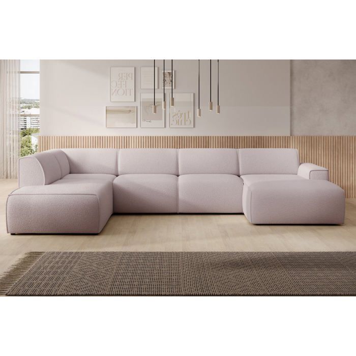 Bouvi - Canapé panoramique gauche 6 places tissu bouclette beige - Vue supplémentaire 2