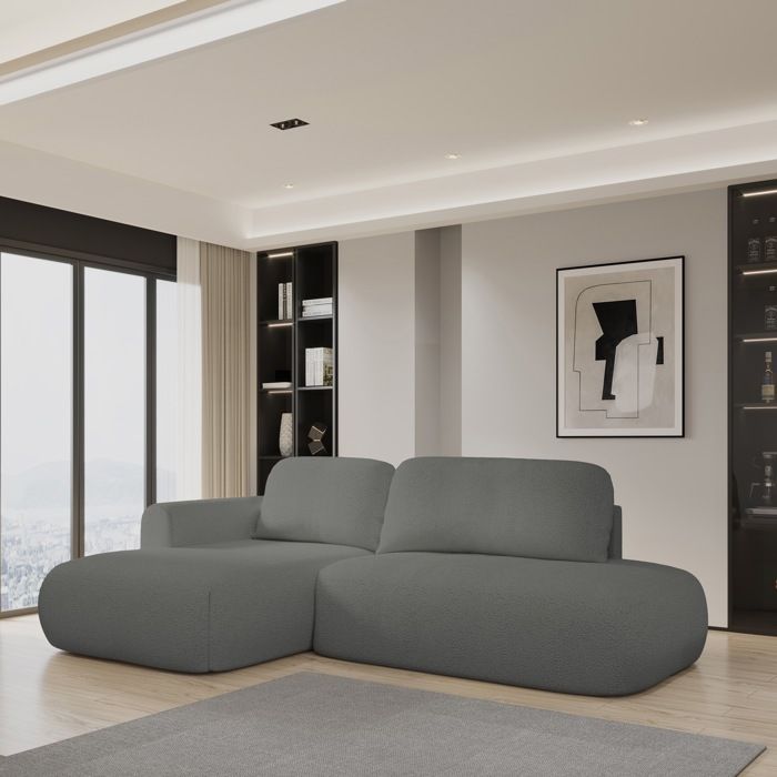 Canapé d'angle NUVIRA, Canape Convertible - Gauche - Angle - 4 places - 279x158x94 cm - Tissu bouclette QUELLE 92 - Gris