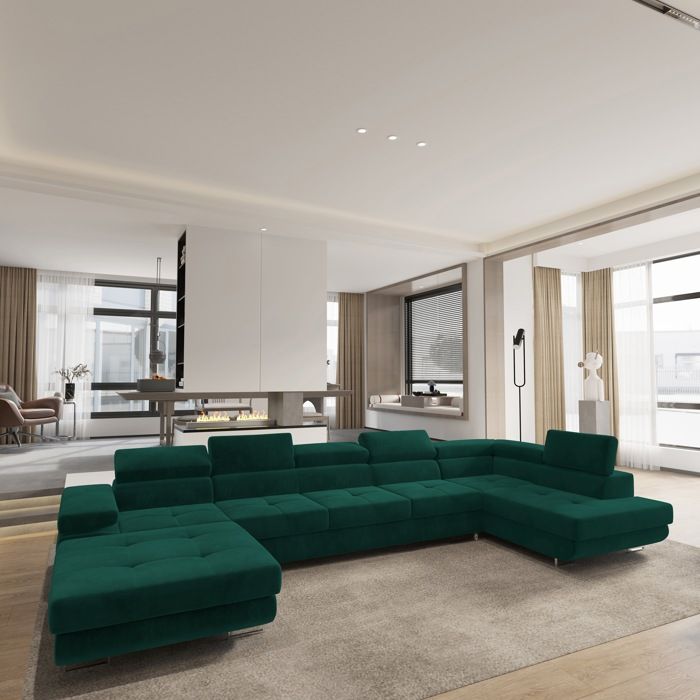 Canapé d'angle TORIVA, Canape Convertible - Droit - U - 6 places - 418x202x90 cm - Tissu velours MONOLITH 37 - Vert
