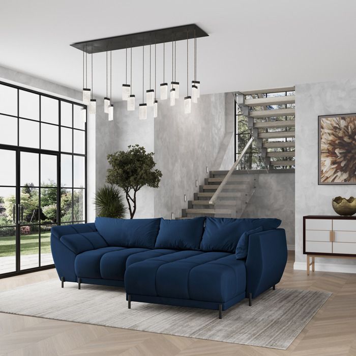 Canapé d'angle VESTANO, Canape Convertible - Droit - Angle - 4 places - 287x182x91 cm - Tissu velours MATT VELVET 79 - Bleu