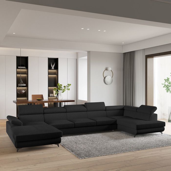 Canapé d'angle MONTIVA, Canape Convertible - Droit - U - 6 places - 410x190x89 cm - Tissu bouclette QUELLE 100 - Noir