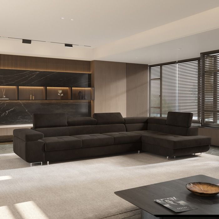 Canapé d'angle VICENTE, Canape Convertible - Droit - Angle - 5 places - 346x202x90 cm - Tissu velours MONOLITH 29 - Marron