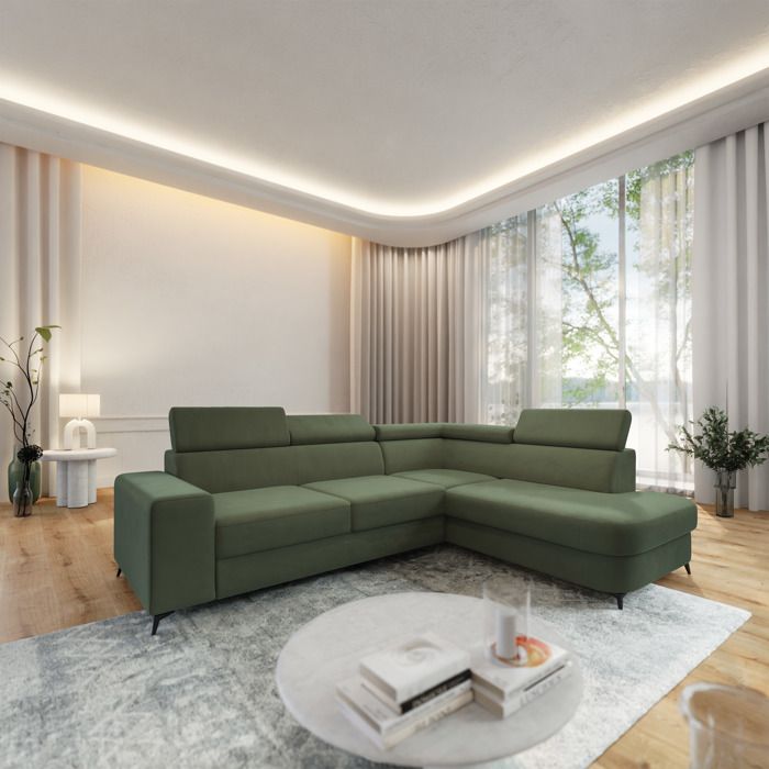 Canapé d'angle ALVORO, Canape Convertible - Droit - Angle - 4 places - 253x190x89 cm - Tissu velours MATT VELVET 38 - Vert