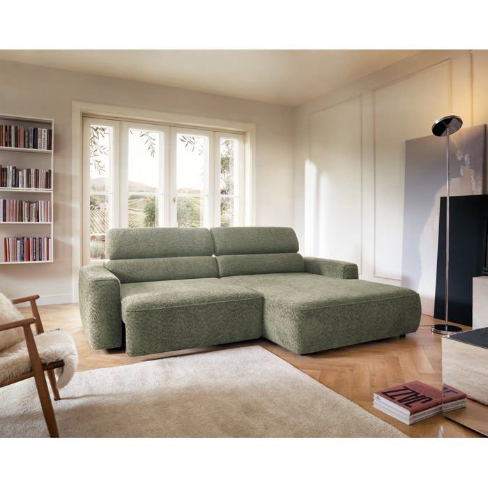 Canapé d’angle – FANDO – assise électrique – en chenille – vert sauge – droit