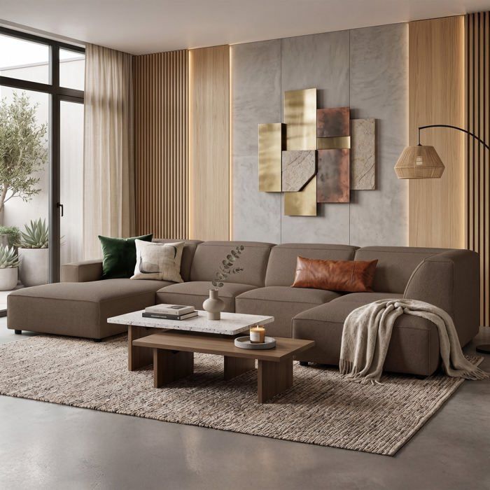 Canapé d'angle - Sellmo - 366 cm - droite - Chenille Brun clair