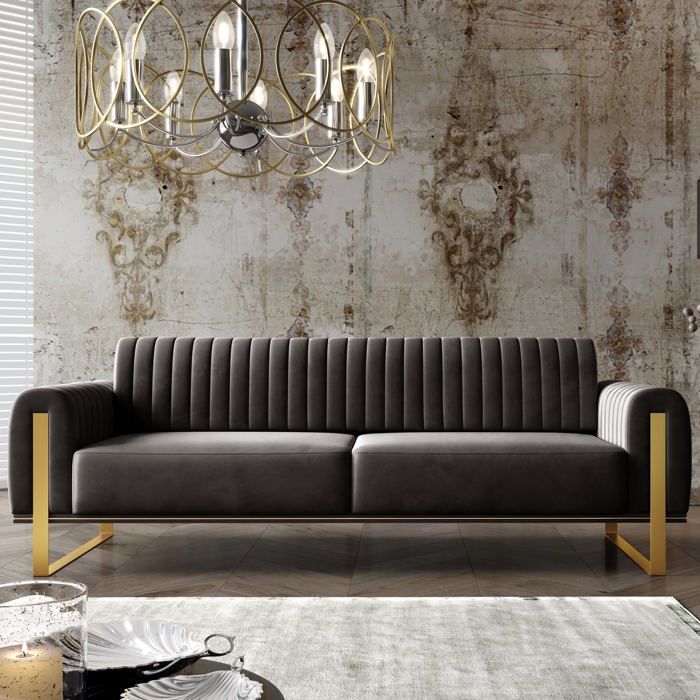 Canapé - Parissa - 228 cm - velours Noir pieds dorés