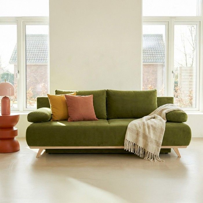 Produit similaire: Canapé convertible 3 places avec coffre de rangement en velours vert olive - Laria