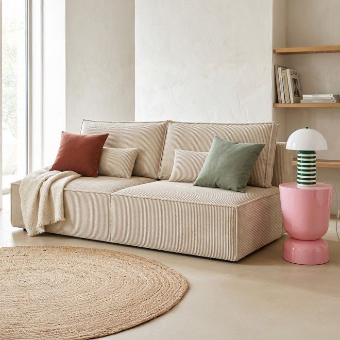 Produit similaire: Canapé convertible 3 places avec coffre de rangement en velours côtelé beige - Milla