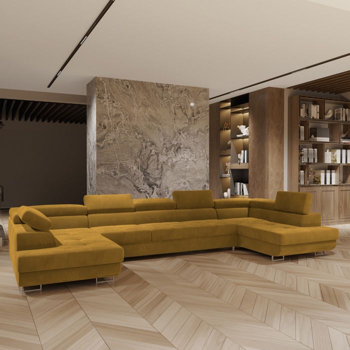 Canapé d'angle ISOLANO, Canape Convertible - U - 7 places - 408x202x90 cm - Tissu velours MONOLITH 48 - Jaune