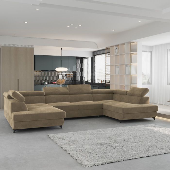 Canapé d'angle VINTESSA, Canape Convertible - U - 6 places - 323x190x89 cm - Tissu velours MONOLITH 09 - Beige