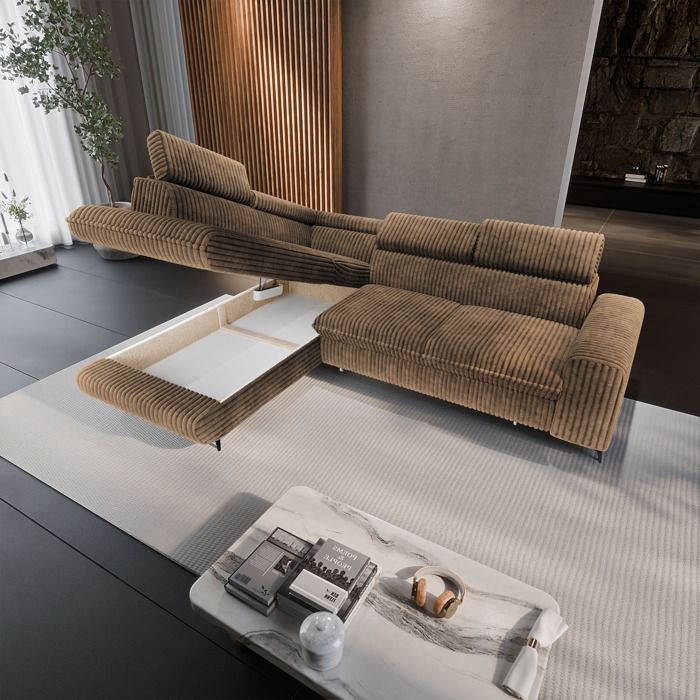 Veliss - Canapé d'angle convertible gauche 4 places velours côtelé beige - Vue supplémentaire 3