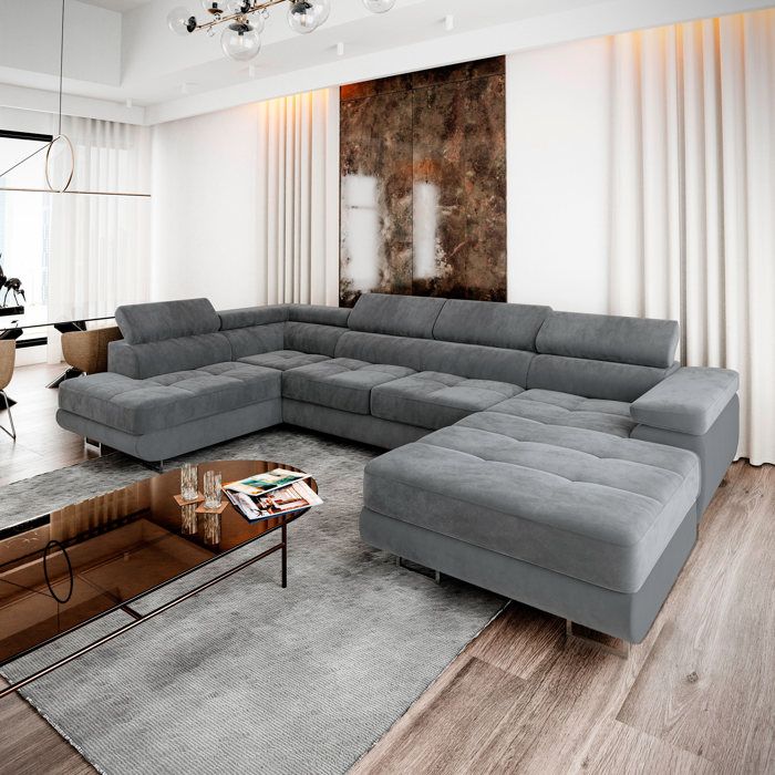 Canapé d'angle CASONE, Canape Convertible - Gauche - U - 5 places - 345x202x90 cm - Tissu velours MONOLITH 85 - Gris