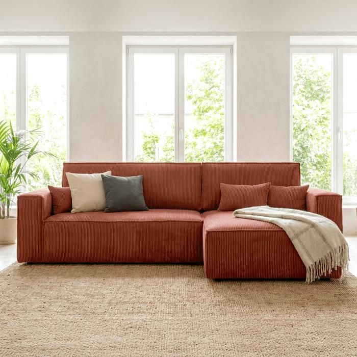 Produit similaire: Canapé d'angle convertible réversible 4 places avec coffre de rangement en velours côtelé rouille - Livia