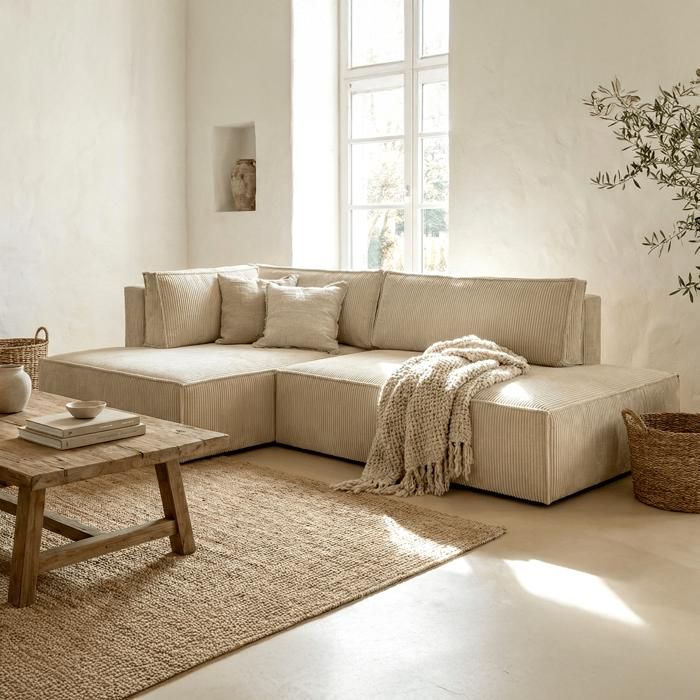Produit similaire: Canapé d'angle à gauche convertible 3 places avec coffre en velours côtelé beige - Barani