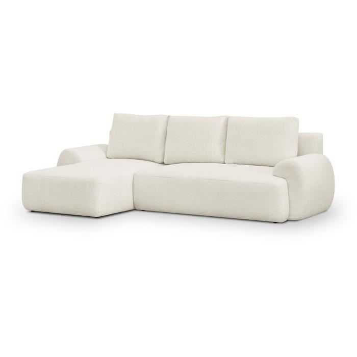 Canapé d'angle gauche convertible 4/5 places MILO - Tissu bouclette beige clair - Coffre de rangement - L 264 x H 84 x P 99/145 cm - Vue supplémentaire 1