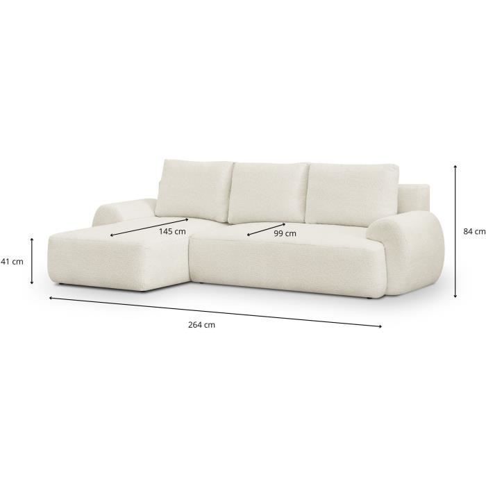 Canapé d'angle gauche convertible 4/5 places MILO - Tissu bouclette beige clair - Coffre de rangement - L 264 x H 84 x P 99/145 cm - Vue supplémentaire 2
