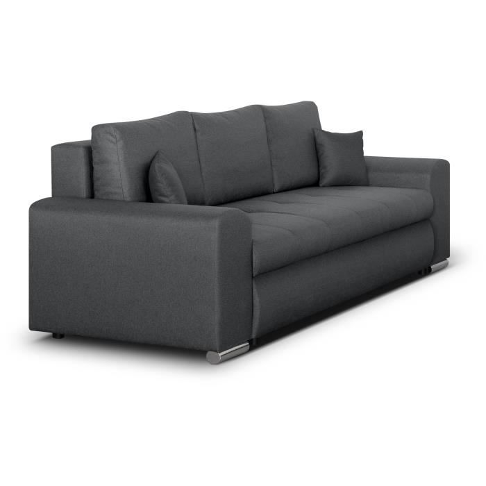 Canapé convertible avec coffre de rangement 3 places - INDIAN - Tissu gris foncé et pieds chrome - L250xH88xP98cm - Vue supplémentaire 1