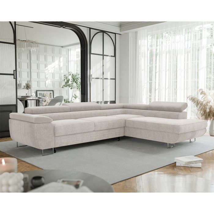 Canapé d'angle Droit ANTON - 7 places - Convertible avec Coffre - Tissu Velours Cotelé - Crème