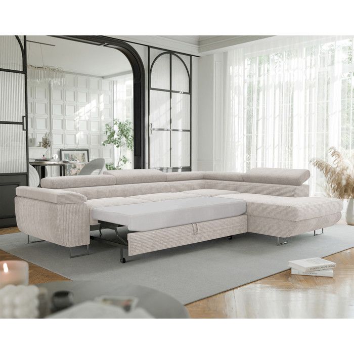 Anton - Canapé d'angle convertible droit 7 places velours côtelé beige - Vue supplémentaire 1