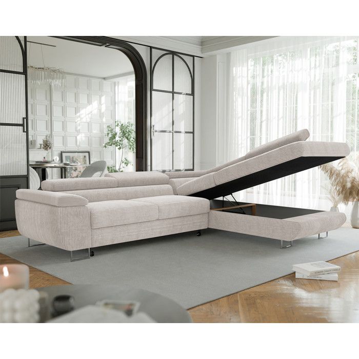 Anton - Canapé d'angle convertible droit 7 places velours côtelé beige - Vue supplémentaire 2