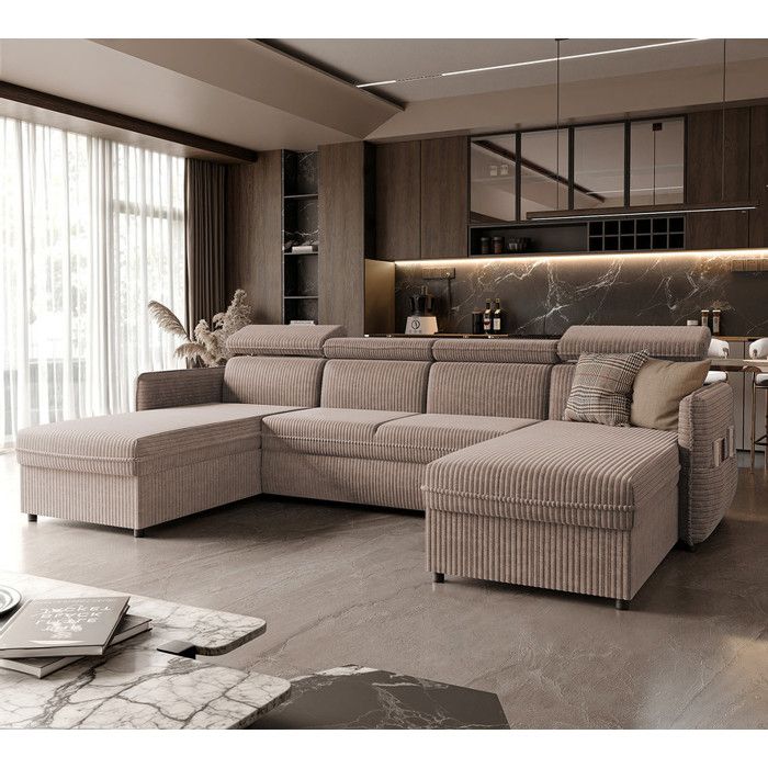 Canapé Panoramique BENI - 5 places - Convertible avec Tétières - Tissu Velours Cotelé  Beige