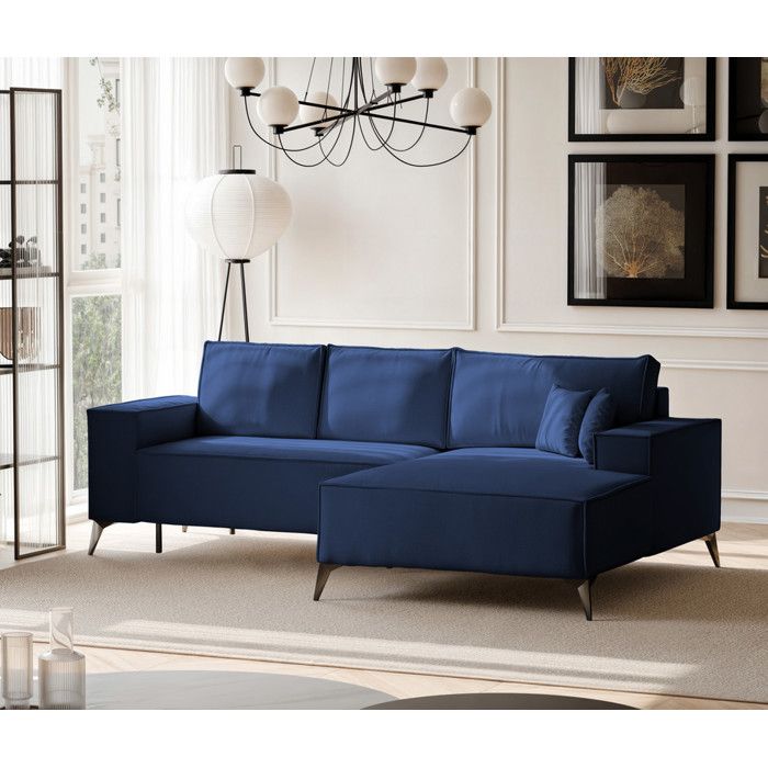 Canapé d'angle Gauche OTIS - 5 places - Convertible avec Coffre - Tissu avec Reflets Subtils - Bleu marine