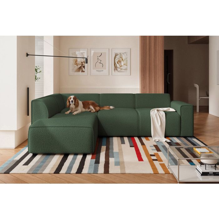 Canapé d'angle Gauche ZAVO - 4 places - Convertible avec Coffre - Tissu Doux - Vert