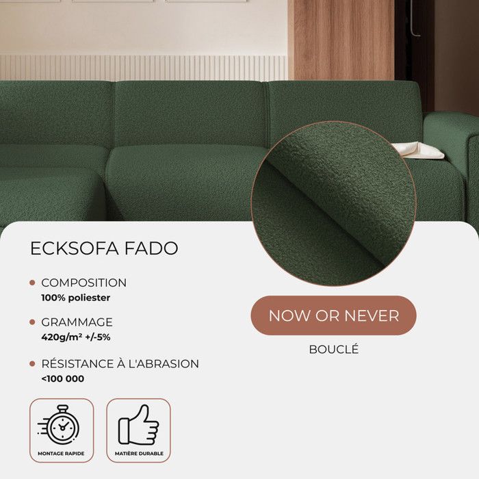 Zavo - Canapé d'angle convertible gauche 4 places tissu vert - Vue supplémentaire 3