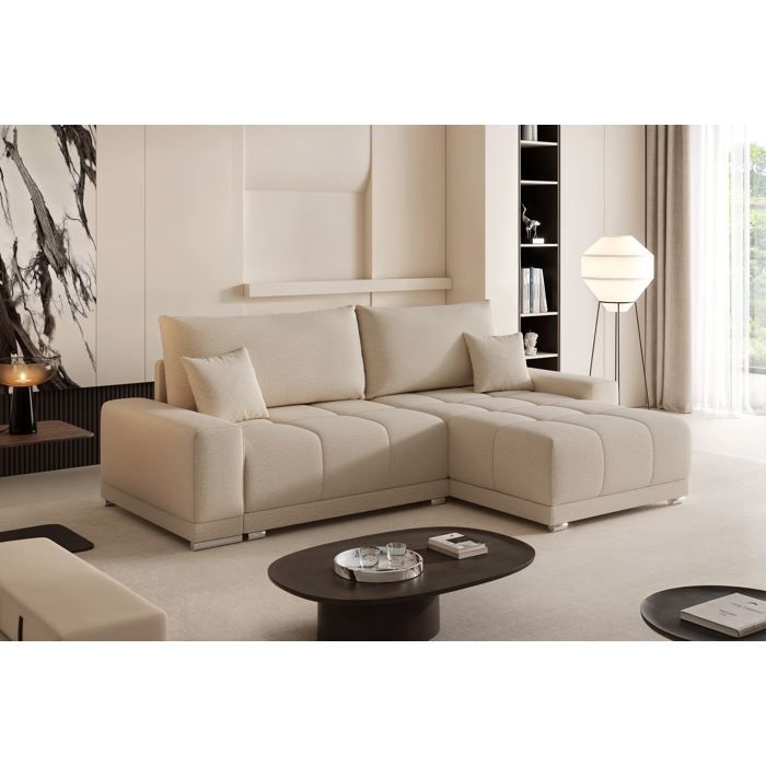 Canapé d'angle Réversible TARA - 4 places - Convertible avec Coffre - Tissu Chenille Doux - Beige