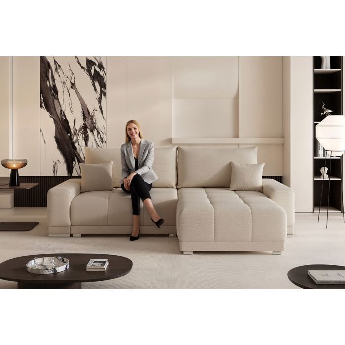 Tara - Canapé d'angle convertible 4 places chenille beige - Vue supplémentaire 2