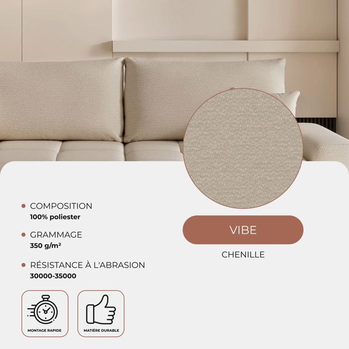 Tara - Canapé d'angle convertible 4 places chenille beige - Vue supplémentaire 3
