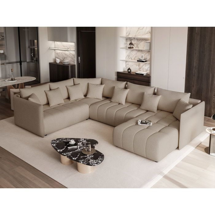 Canapé Panoramique LORISSE - 7 places - Convertible avec Coffre - Tissu Doux Reflets Soyeux - Beige