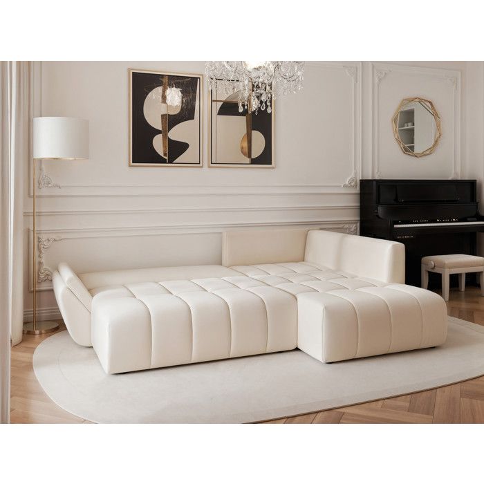 Dolce - Canapé d'angle convertible 3 places velours beige - Vue supplémentaire 2