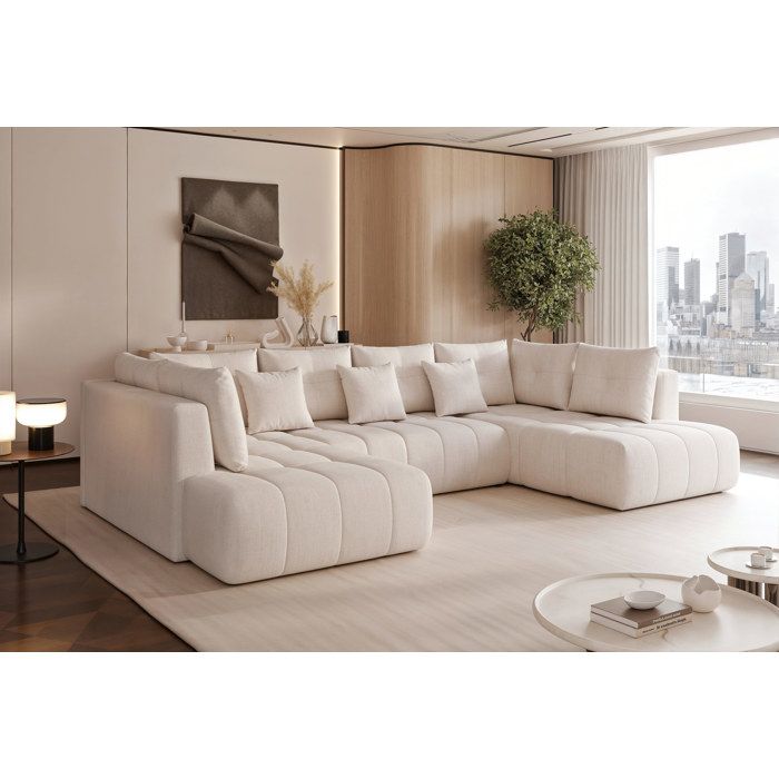 Canapé d'angle Réversible STONE - 7 places - Convertible avec Coffre - Tissu Chenille - Beige