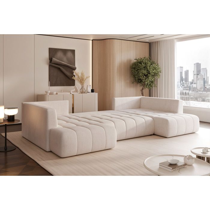 Stone - Canapé d'angle convertible 7 places chenille beige - Vue supplémentaire 1